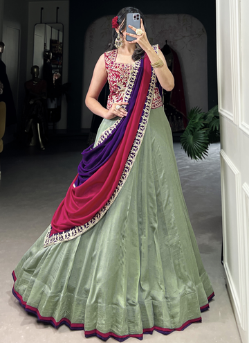 Delightful Thread Embroidered Pista Green Vichitra Silk Lehenga Choli